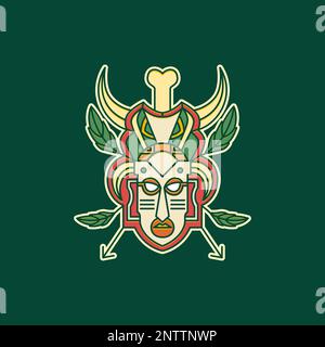 Maske Stamm Kultur Holz Wald Natur hinterlässt Knochen Hornpfeile farbenfrohes Abzeichen Sticker Logo Design Vektor Stock Vektor