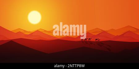 Komposition der Wüstenkamele mit horizontaler Landschaft des Sonnenuntergangs im Sand mit Silhouetten von wandelnden Kamelkaffeln Vektordarstellung Stock Vektor