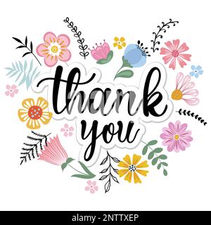 Grußkarte mit Blumenverzierung und handgeschriebener Inschrift „Danke“, süßer, heller Hintergrund mit niedlichen Blumen. Stock Vektor