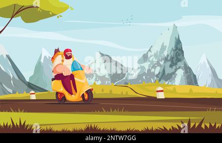 Motorrad-Cartoon-Poster mit männlichem Biker auf Vektordarstellung des Rollers Stock Vektor