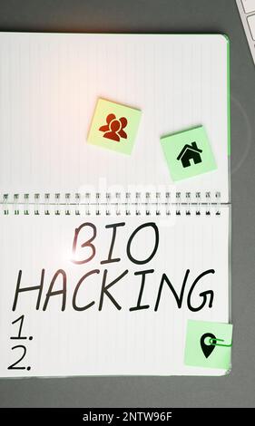 Konzeptionelle Darstellung Bio Hacking. Wort für die experimentelle Ausbeutung von genetischem Material ohne Berücksichtigung ethischer Standards Stockfoto