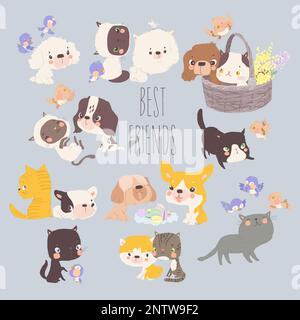 Zeichentrickset mit lustigen Katzen, Hunden und Vögeln Stock Vektor