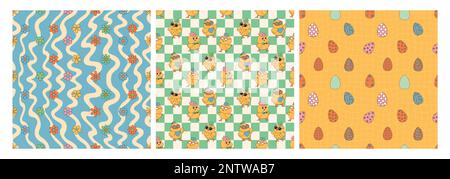 Groovy Hippie Happy Easter Nahtloses Musterset. Osterhintergründe im trendigen Retro-60s 70s-Cartoon-Stil Stock Vektor