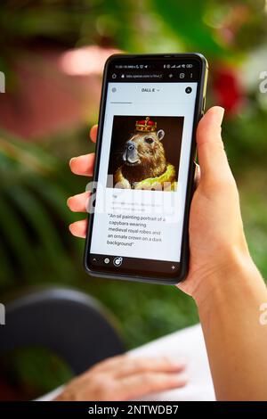 5. Februar 2023, Mirissa, Sri Lanka. OpenAI DALL-E wird auf dem Telefon verwendet. Frau testet künstliche Intelligenz Bildgenerator. Person, die Bilder erstellt Stockfoto