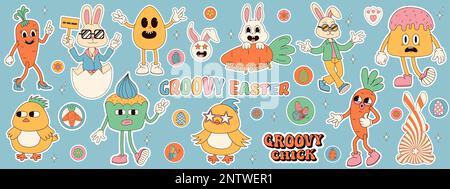 Tolle Hippie-Osteraufkleber. Osterhasen, Eier, Blumen, Hühner. Sticker-Pack mit Zeichentrickfiguren und -Elementen in einem trendigen Retro-60s 70s-Auto Stock Vektor