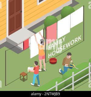 Isometrischer Hintergrund der Hausarbeit in der Familie mit dem Sohn, der Mutter beim Aufhängen der Wäsche hilft und dem Vater, der im Garten arbeitet, Vektordarstellung Stock Vektor