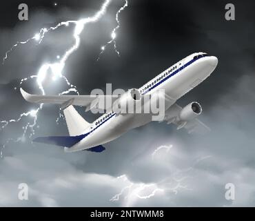 Flugzeugsturm realistische Komposition mit stürmischer Landschaft und Flugzeuge fliegen durch Wolken und Blitzvektordarstellung Stock Vektor