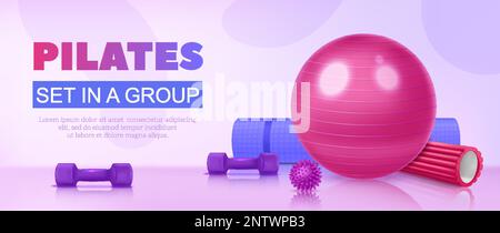 Poster mit realistischen Yoga- und Pilates-Geräten mit Vektordarstellung für Fitnessball und Teppichmatte Stock Vektor