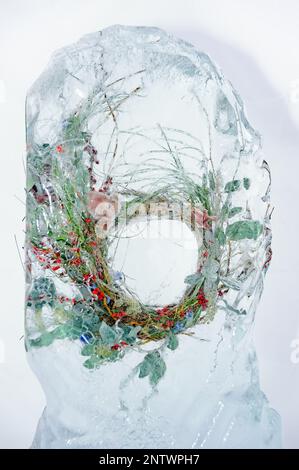 Gefrorener Kranz mit Beeren im Eisblock Stockfoto