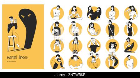 Psychische Erkrankung Psychologie Krankheit Flachtext Zusammensetzung Menschen und psychische Probleme Depression Psychose Bifurkation Selbstschadenvektor Illustrati Stock Vektor