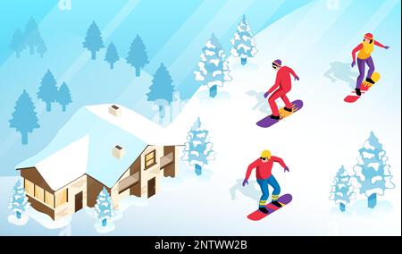 Isometrisches Ski-Resort-Konzept mit Schneegrenzen auf einem schneebedeckten Hügel und Alpenhaus auf Vektordarstellung im Hintergrund Stock Vektor
