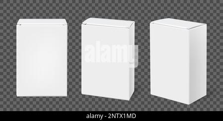 Realistisches transparentes Kastenmodell mit Bildern von drei leeren Kästchen, verschiedenen Winkeln auf transparenter Hintergrundvektordarstellung Stock Vektor