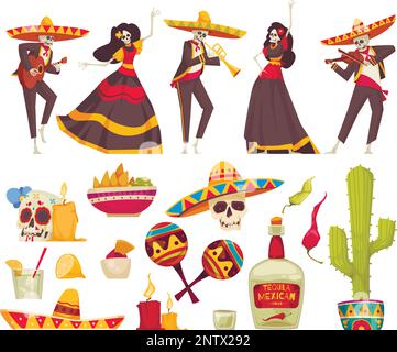Mexikanischer Tag der Sackgasse mit Festivalsymbolen flache isolierte Vektordarstellung Stock Vektor
