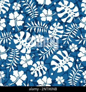 Hawaiianisches Nahtmuster mit Hibiskusblüten und Monstera-Blättern Stock Vektor