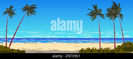Meerblick am Sandstrand, Palmen, Meer, Horizont Stock Vektor