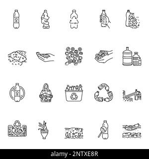 Schwarze Linie für Recycling von Kunststoffflaschen eingestellt. Piktogramme für Webseiten, mobile Apps, Werbeaktionen. Stock Vektor
