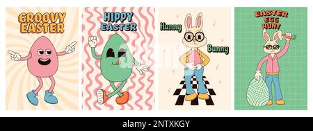 Tolle Hippie-Poster zu Ostern. Ostereier, Häschen. Vektorkarte im modischen Retro-60s 70s-Cartoon-Stil Stock Vektor