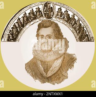 König James I. von England (5. Schottland) und die Verschwörer des Schießpulvers, die ihn nicht ermordet haben. (Robert Catesby, John und Christopher Wright, Robert und Thomas Wintour, Thomas Percy, Guy Fawkes, Robert Keyes, Thomas Bates, John Grant, Ambrose Rookwood, Sir Everard Digby und Francis Tresham) Stockfoto