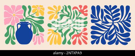 Groovy abstrakte organische Pflanzenformen Kunstset. Matisse-Poster mit Blumenmuster im trendigen Retro-Stil der 60s 70s Jahre Stock Vektor