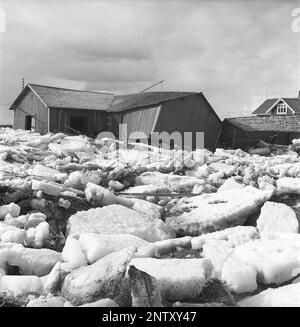 Naturkatastrophe in den 1940er Jahren. Im Frühsommer, den 20-23. Mai 1944, überflutete das Wasser im Fluss Torne älv aufgrund einer Eismasse, die das Wasser 3,5 Meter höher als normal dämpfte. Die Konsequenzen waren schwerwiegend. Auf dem umliegenden Gelände wurden Meter Eis zurückgelassen, als das Wasser ablief und die Bauernhäuser und die Felder zerstörte. Das Dorf Korpikylä in der Nähe von Skogskärr und ein Blick auf einen zerstörten Schuppen und die Eisschlösser, die die Felder mit Trümmern bedecken. Kristoffersson Ref. H132-1 Stockfoto