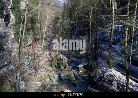 Europa, Luxemburg, Müllerthal, Überquerung des Schwarzen Ernz im Winter vom Schiessentumpel-Wasserfall Stockfoto