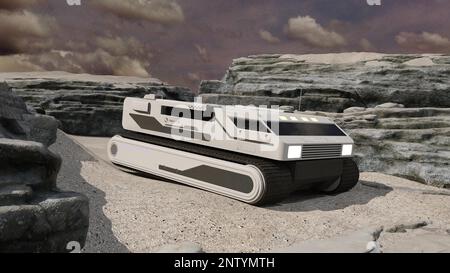 3D-Darstellung eines futuristischen Scifi-Trucks für Wüste oder Schnee Stockfoto