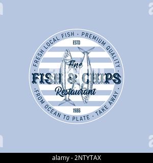 Fisch und Chips abstrakte Vektorkarte, Zeichen oder Logo-Vorlage. Handgezeichnete Kabeljau-Fische und Kartoffelfrites mit moderner Typografie in einem Rahmen. Premium-Qualität Stock Vektor