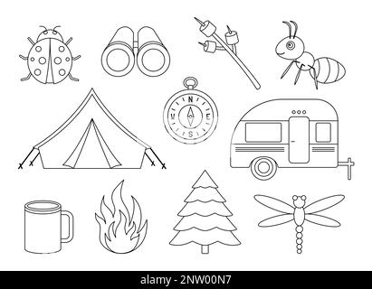 Einfache Elementsammlung für Camping. Outdoor-Abenteuer-Objekte isoliert auf weißem Hintergrund. Vektordarstellung Stock Vektor