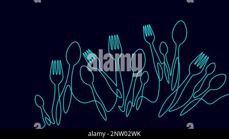 Ein Tischlöffel Gabeln Abendessen und Mittagessen. Café-Menü Dekoration Rand Silhouette durchgehende Linien Kochen Dining Supply Vector Stock Vektor