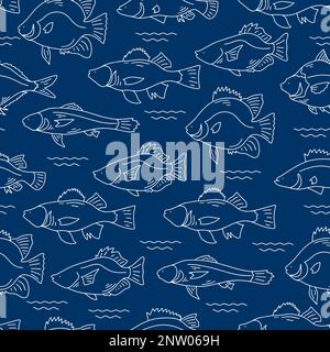 Nahtlose Fische, isoliert auf blauem Hintergrund. Handgezeichnete Skizze - Vektordarstellung. Stock Vektor