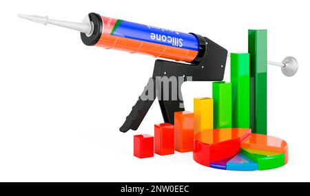 Dichtungspistole mit Silikon-Dichtmittelschlauch mit Balkendiagramm für Wachstum und Kreisdiagramm. 3D-Rendering auf weißem Hintergrund isoliert Stockfoto