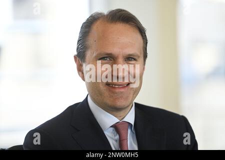 Antwerpen. Belgien, 28./02./2023, John-Eric Bertrand auf einer Pressekonferenz, um die 2022-Jahres-Ergebnisse der Veranstaltung Ackermans & Van Haaren am Dienstag, den 28. Februar 2023 in Antwerpen bekannt zu geben. BELGA FOTO TOM GOYVAERTS Stockfoto