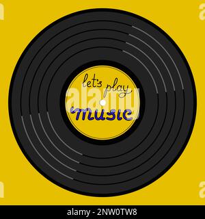 Spielen Sie Nun Titel Mit Noten Auf Vinyl Record, Gelbe Hintergrundvektorgrafik In Flacher Form Ab Stock Vektor