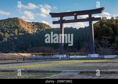 Riesige Torii-Tor von Oyunohara, Kumano Kodo, in der Nähe von Kumano Hongu Taisha Grand Shire, Nakahechi Route, Wakayama, Kinki, Japan Stockfoto