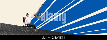 Konzeptentwurf. Collage für zeitgenössische Kunst. Geschäftszusammenarbeit. Mann und Frau, Angestellte in klassischer Kleidung. Arbeitsbeziehung Stockfoto