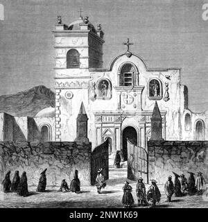 San Francisco Kirche (1569) oder Basilika und Kloster von San Francisco in der Altstadt oder im historischen Viertel von Arequipa Peru. Vintage-Gravur oder Abbildung 1862 Stockfoto