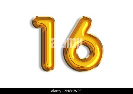 16 Jahre alt. Goldballons, 16.-Jubiläumsnummer, herzlichen Glückwunsch zum Geburtstag. Darstellung goldener realistischer 3D-Symbole. Banner, Symbole isola Stockfoto