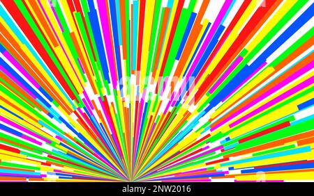 Abstrakte, farbenfrohe Regenbogen-Designvorlage mit funkelnden Strahlen im Hintergrund. Stockfoto