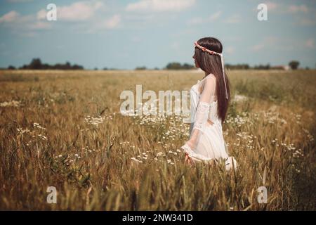 Schönes Mädchen auf einem goldenen Sommerfeld Stockfoto