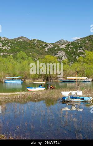 Boote auf dem Skadarsee vom Dorf Virpazar, Montenegro aus gesehen Stockfoto