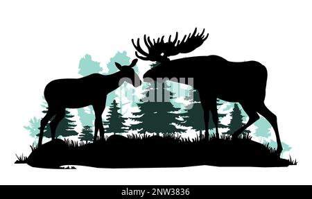 Wapitis männlich mit großen Hörnern und weiblicher Elchkuh. Die Lichtung im Nadelwald. Silhouettenbild. Pinien-Fichtentaiga. Wilde Tiere. Isoliert ein Stock Vektor