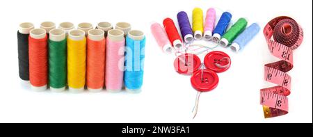 Satz Gewindespulen, Knöpfe und Maßband isoliert auf weißem Hintergrund. Breites Foto. Collage. Stockfoto