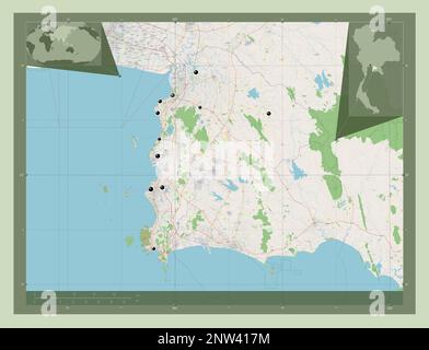 Chon Buri, Provinz Thailand. Straßenkarte Öffnen. Standorte der wichtigsten Städte der Region. Eckkarten für zusätzliche Standorte Stockfoto