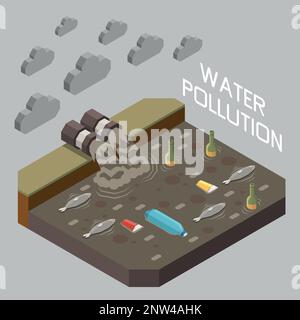 Isometrisches Naturkatastrophen- und Technologiekatastrophenkonzept mit Vektordarstellung der Wasserverschmutzungsszene Stock Vektor