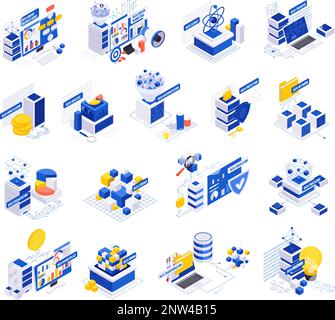 Datenwirtschaft mit isolierten Symbolen und isometrischen konzeptionellen Bildern von Elementen der Computerinfrastruktur und Darstellung von Geldvektoren Stock Vektor
