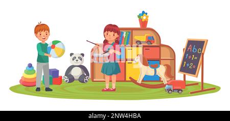 Kinder im Spielzimmer mit Spielzeug und Musikinstrument Stock Vektor