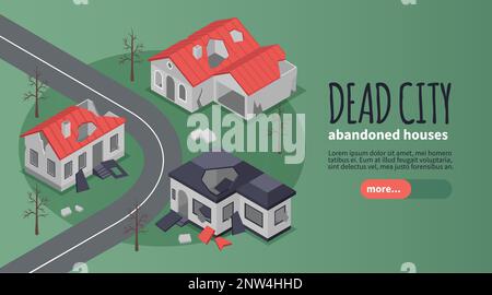Isometrisches horizontales Banner für zerstörte Gebäude mit editierbarem Text, Schaltfläche „Mehr“ und Ansicht der Vektordarstellung für verlassene Bezirke Stock Vektor
