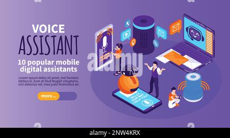 Horizontales Banner für Sprachassistenten mit Informationen zu zehn beliebten isometrischen Vektordarstellungen für mobile digitale Assistenten Stock Vektor
