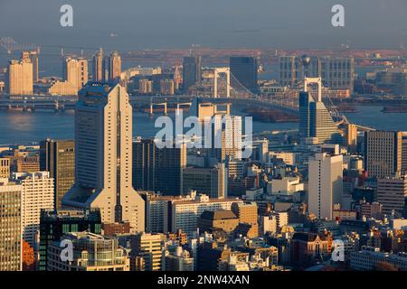 Skyline von Tokyo. Im Hintergrund Regenbogenbrücke und Odaiba. Tokio, Japan, Asien Stockfoto