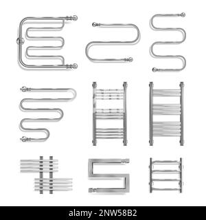 Realistisches Set aus Metall-Chrom-Handtuchhaltern mit unterschiedlicher Form, isoliert auf weißem Hintergrund, Vektordarstellung Stock Vektor